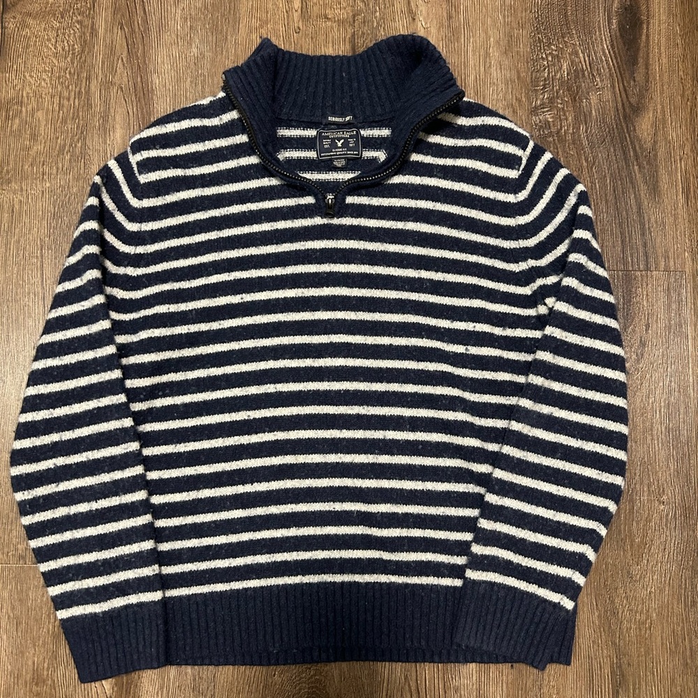 American Eagle Blue Striped Quarter Zip Sweater